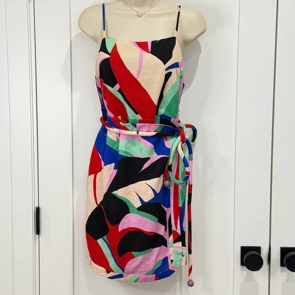 NWT Farm Rio Colorful Monstera Mini Dress Small Wrap Linen Boho Vacay Beach Gift - Picture 5 of 16